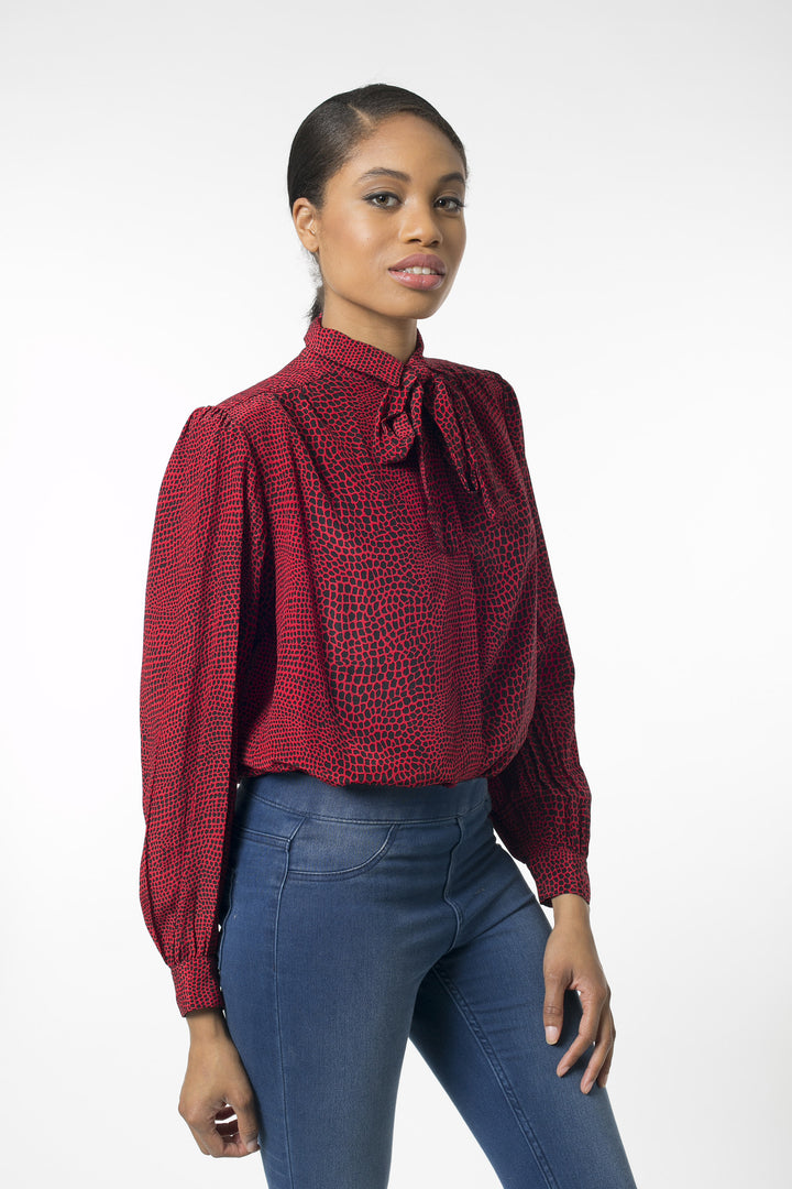 Red Leapord  Silk Tie Neck Blouse