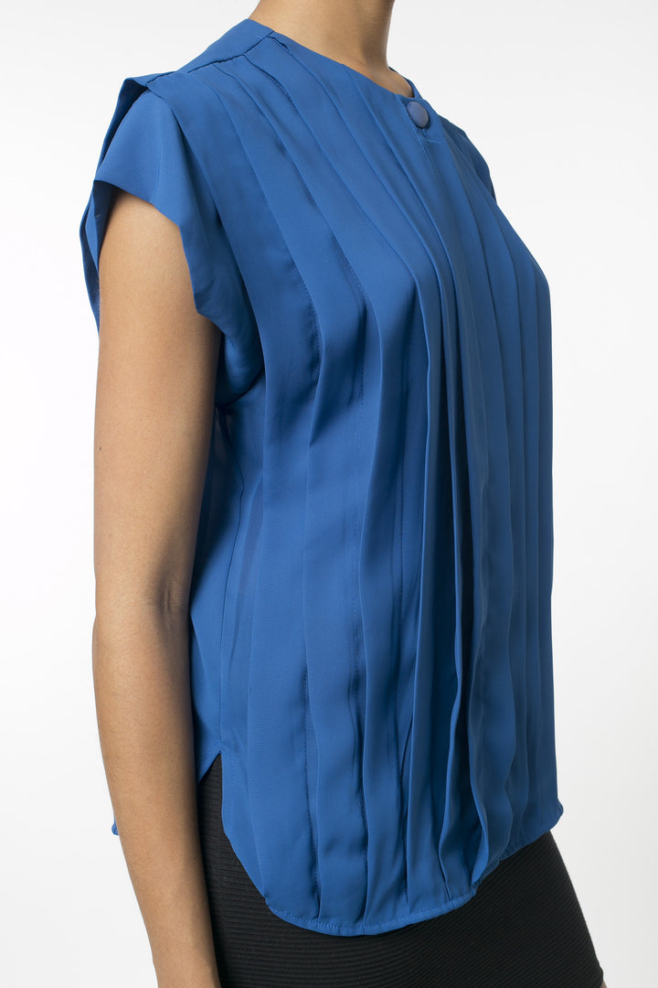 Short Sleeve Persian Blue Panel Blouse